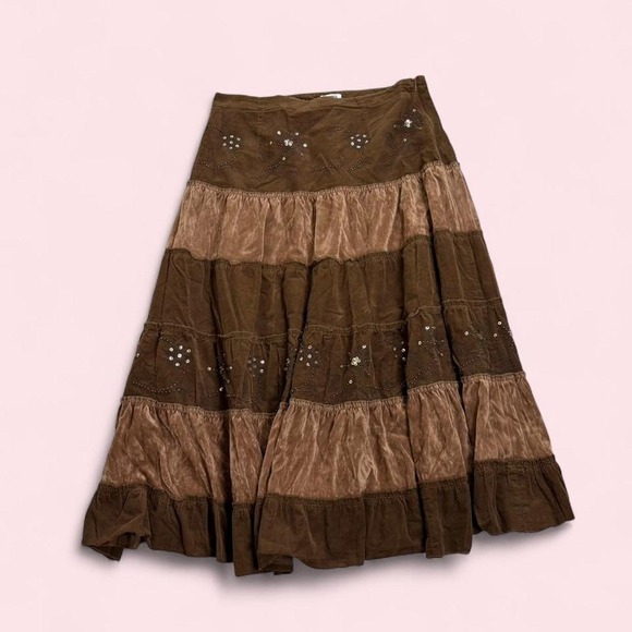 Dresses & Skirts - y2k Brown fairy boho whimsy beaded sequin tiered long skirt